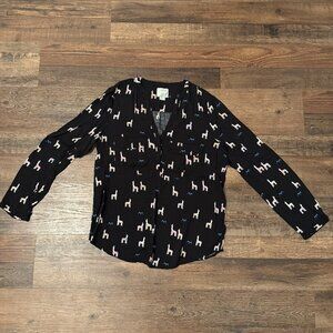 Maeve by Anthropologie Black Half-Button Lllama-Print Blouse 12